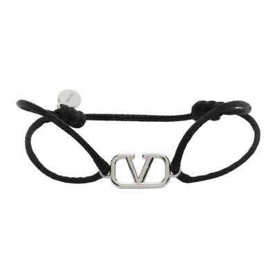 Valentino Garavani Garavani Vlogo Black Cord Bracelet In Black And Silver