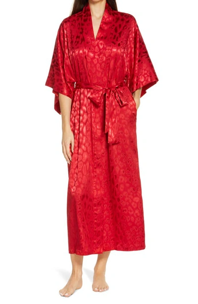 Natori Decadence Leopard Jacquard Satin Dressing Gown In Brocade Red