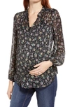 Maternal America Mandarin Collar Maternity Blouse In Black Tea Floral Print