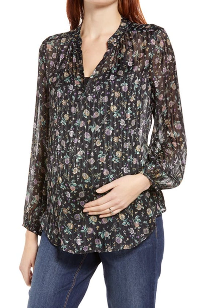 Maternal America Mandarin Collar Maternity Blouse In Black Tea Floral Print