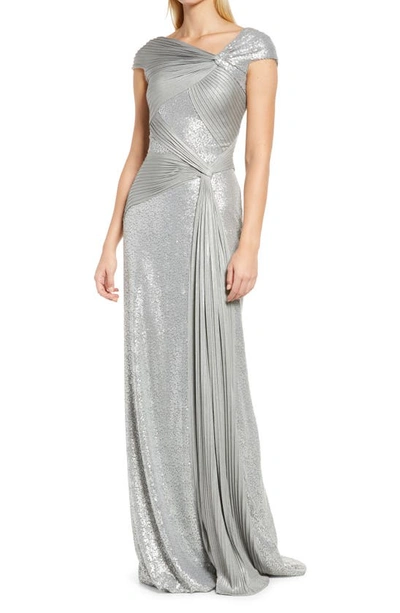 Tadashi Shoji Pintuck Sequin Gown In Silver ModeSens