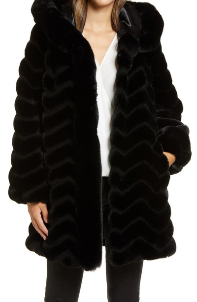 Gallery Grooved Faux Fur Hooded Jacket In Black
