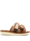 Suicoke Medium Brown Moto Shearling-trim Slides In Brown