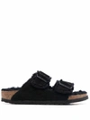 Birkenstock Open Toe Flat Sandals With Fur Texture And Contrast In Black