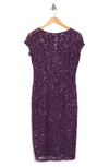 Marina Sequin Lace Cap Sleeve Sheath Dress In Eggplant