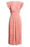Chelsea28 Flutter Sleeve Plissé Midi Dress In Coral Peach Camo Print