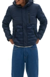 Noize Dawson Mixed Media Hooded Puffer Jacket In Navy