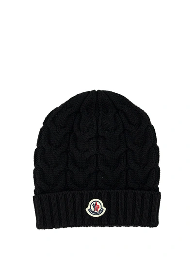 Moncler Kid's Cable-knit Logo Virgin Wool Beanie Hat In Black
