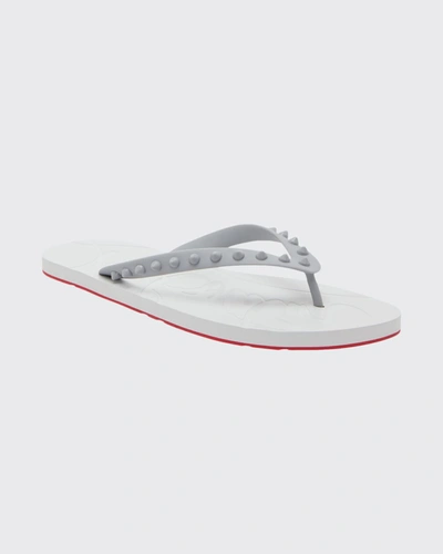 Christian Louboutin Men's Loubi Tonal Spiked Red Sole Flip Flops In White