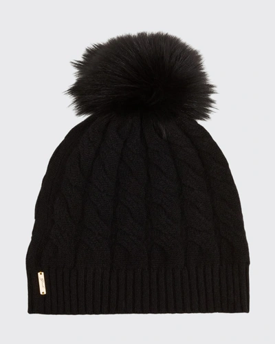 Gorski Cashmere Cable-knit Beanie With Fur Pompom In Khakigolden Islan