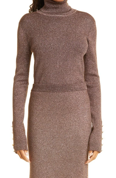 Milly Ribbed Sparkle Turtleneck Sweater In Rose Gold ModeSens