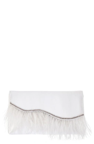 Nina Kaidy Feather Trim Satin Clutch In White