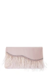 Nina Kaidy Feather Trim Satin Clutch In Pearl Rose