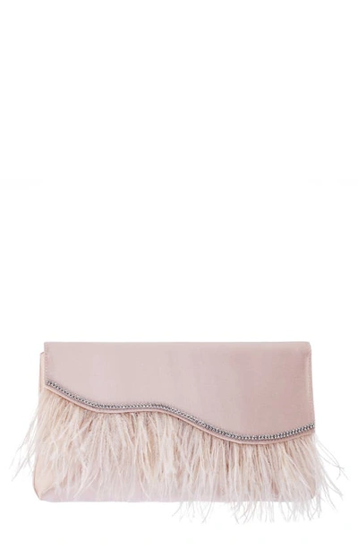 Nina Kaidy Feather Trim Satin Clutch In Pearl Rose