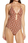 TORY BURCH BASKET WEAVE PRINT RING ONE-PIECE SWIMSUIT,81718