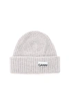 Ganni Logo-patch Ribbed-knit Beanie In Paloma Melange (grey)