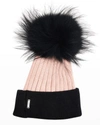 Gorski Two-tone Knit Beanie W/ Fox Pompom In Blackpinkblack