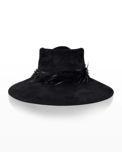 Gigi Burris Merle Large-brim Hackel Feather & Felt Fedora Hat In Black