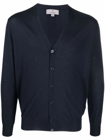 Canali V-neck Knitted Cardigan In Blau