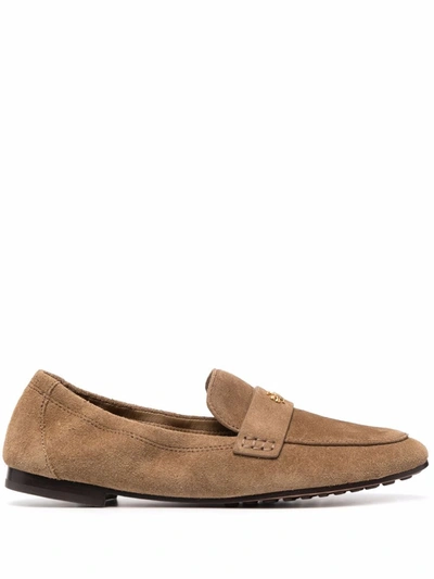 Tory Burch Logo Plaque Suede Loafers In Brown