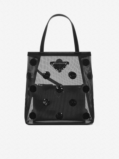 Prada Polka-dot Fabric And Leather Small Tote Bag In Black