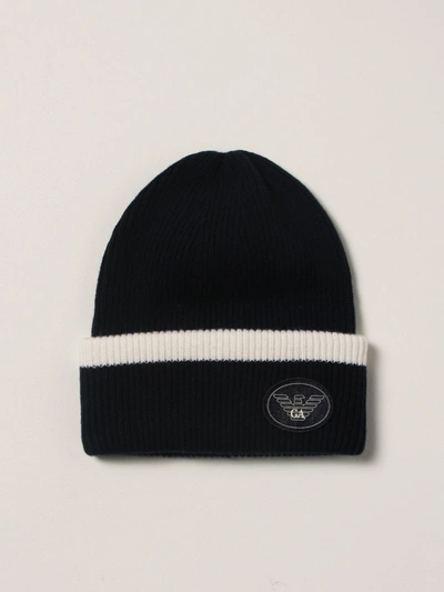 Emporio Armani Beanie Hat With Logo In Blue