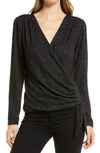 Loveappella Long Sleeve Faux Wrap Top In Black