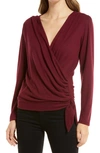 Loveappella Long Sleeve Faux Wrap Top In Burgundy