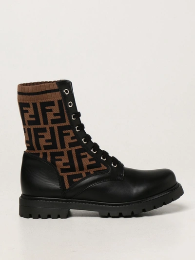 Fendi Kids' Ankle Boots In Leather And Ff Knit In Black
