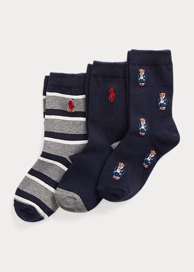 Polo Ralph Lauren Kids' Polo Bear & Striped Crew Sock 3-pack In Navy Assorted