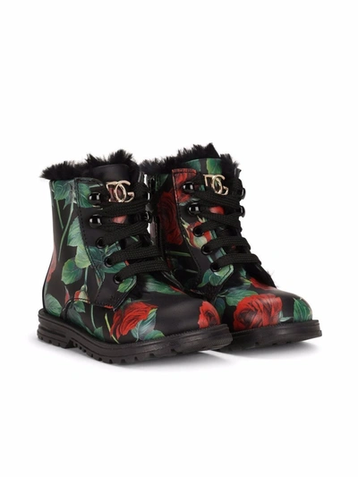 Dolce & Gabbana Kids' Rose-print Ankle Boots In Black