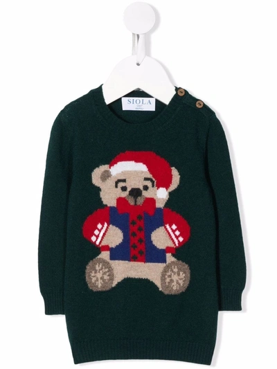 Siola Babies' Xmas Bear-intarsia Jumper In Green