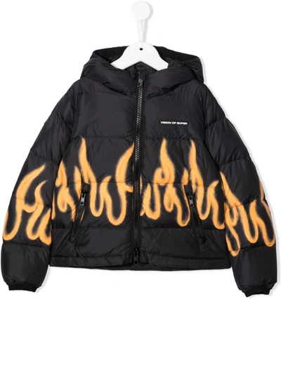 Vision Of Super Kids' Flame-print Hooded Puffer Jacket In Black