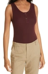 Vince Ribbed Henley Tank Top In Oxblood