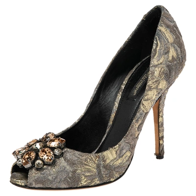 Pre-owned Dolce & Gabbana Gold/grey Lurex Fabric Floral Bellucci Crystal Embellished Pumps Size 37