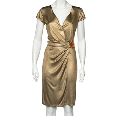 Pre-owned Class By Roberto Cavalli Gold Metallic Belt Detail Faux Wrap Dress M