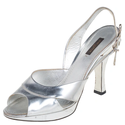 Pre-owned Louis Vuitton Silver Leather Peep Toe Slingback Sandals Size 41