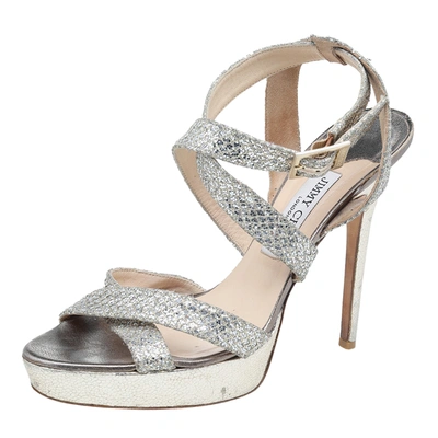 Pre-owned Jimmy Choo Metallic Gold Glitter Fabric Vamp Platform Strappy Sandals Size 40