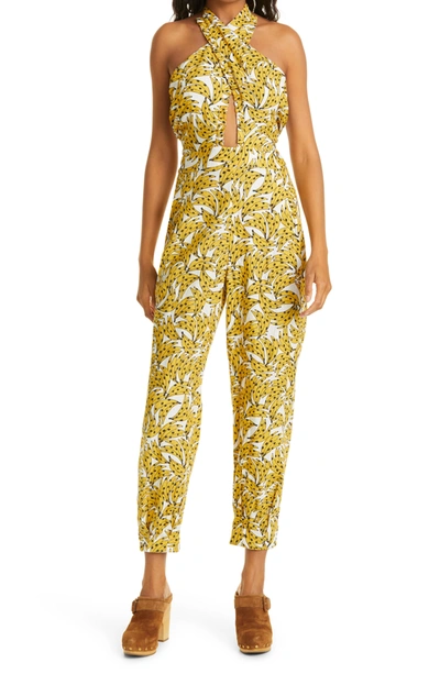 Farm Rio Spotted Bananas Crossover Halter Jumpsuit In White Spotted Bananas