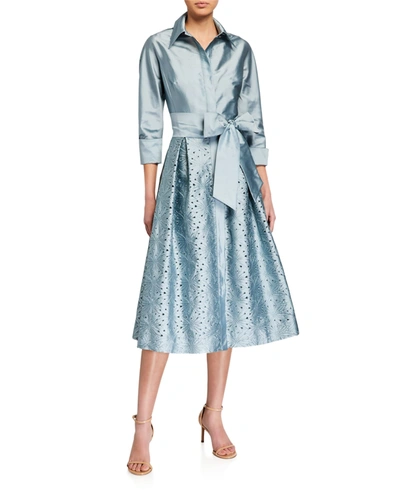 Rickie Freeman For Teri Jon Taffeta Shirt Dress W/ Eyelet Skirt In Teal