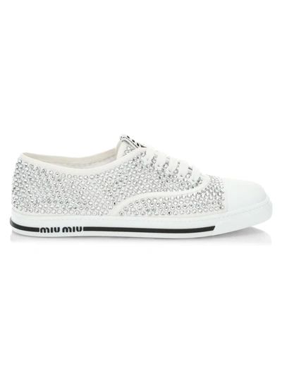 Miu Miu Crystal-studded Gabardine Cotton Sneakers In Bianco
