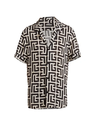Balmain Monogram Printed Short-sleeved Shirt In Black