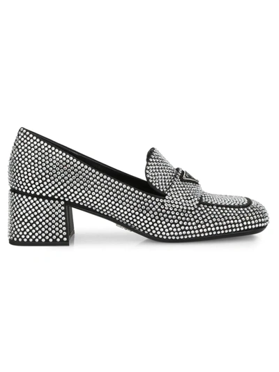 Prada Crystal-embellished Block-heel Satin Loafers In Multi-colored