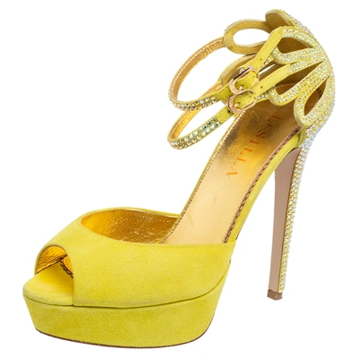 Pre-owned Le Silla Lime Yellow Embellished Suede Strappy Platform Ankle Strap Sandals Size 37