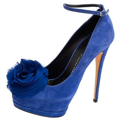 Pre-owned Giuseppe Zanotti Blue Suede Flower Detailed Peep Toe Platform Pumps Size 36.5