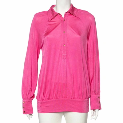 Pre-owned Class By Roberto Cavalli Pink Silk Knit Button Front Top M