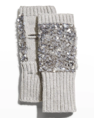 Jocelyn Sequin Fingerless Knit Mittens In Light Grey