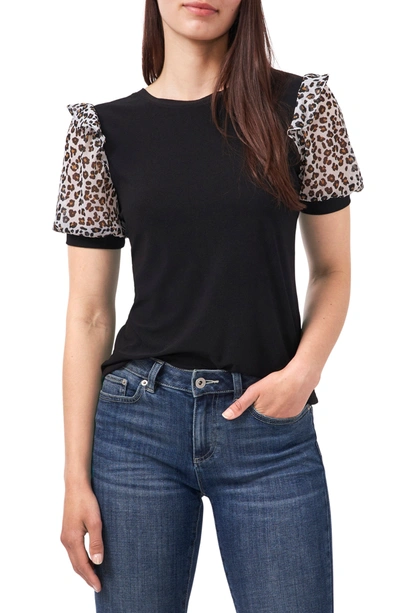 Cece Mixed Media Puff Sleeve Crepe T-shirt In Rich Black