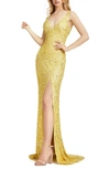 Mac Duggal Sequin Slit Gown In Lemon Multi