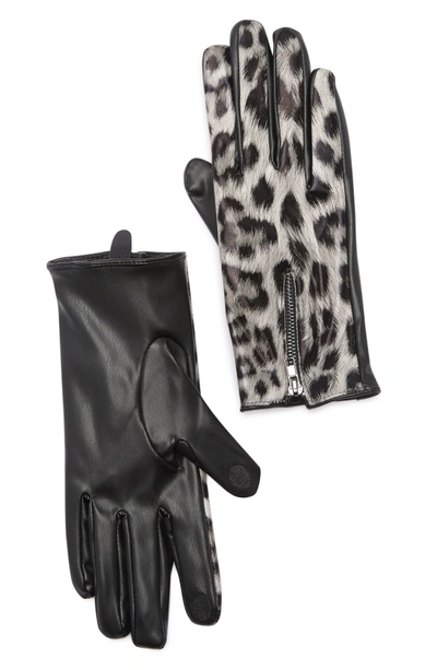Vince Camuto Leopard Print Faux Leather Gloves In Black/ Grey